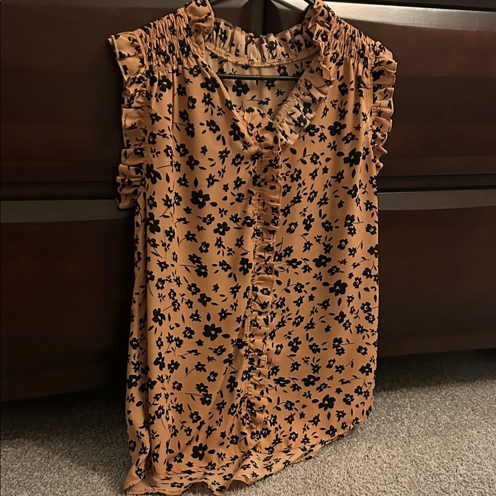 SHEIN Floral Ruffle Blouse – Black Floral on Brown, Size L